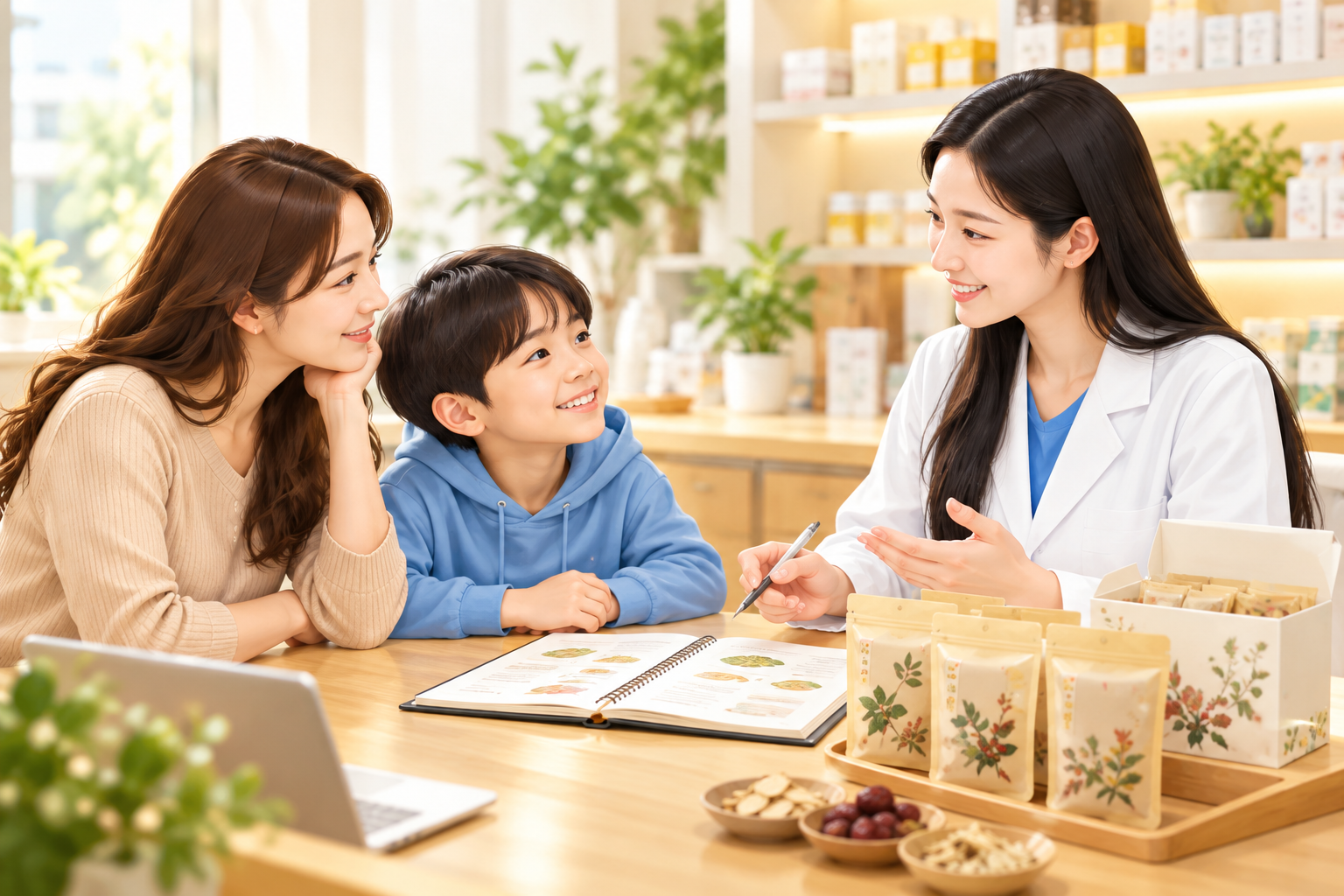 보호자와 아이가 함께하는 한약 상담 AI 일러스트