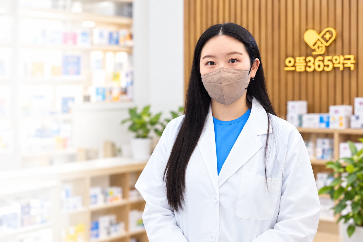 마스크를 쓴 한약사 강원경, 후면 로고 배경은 디자인 합성